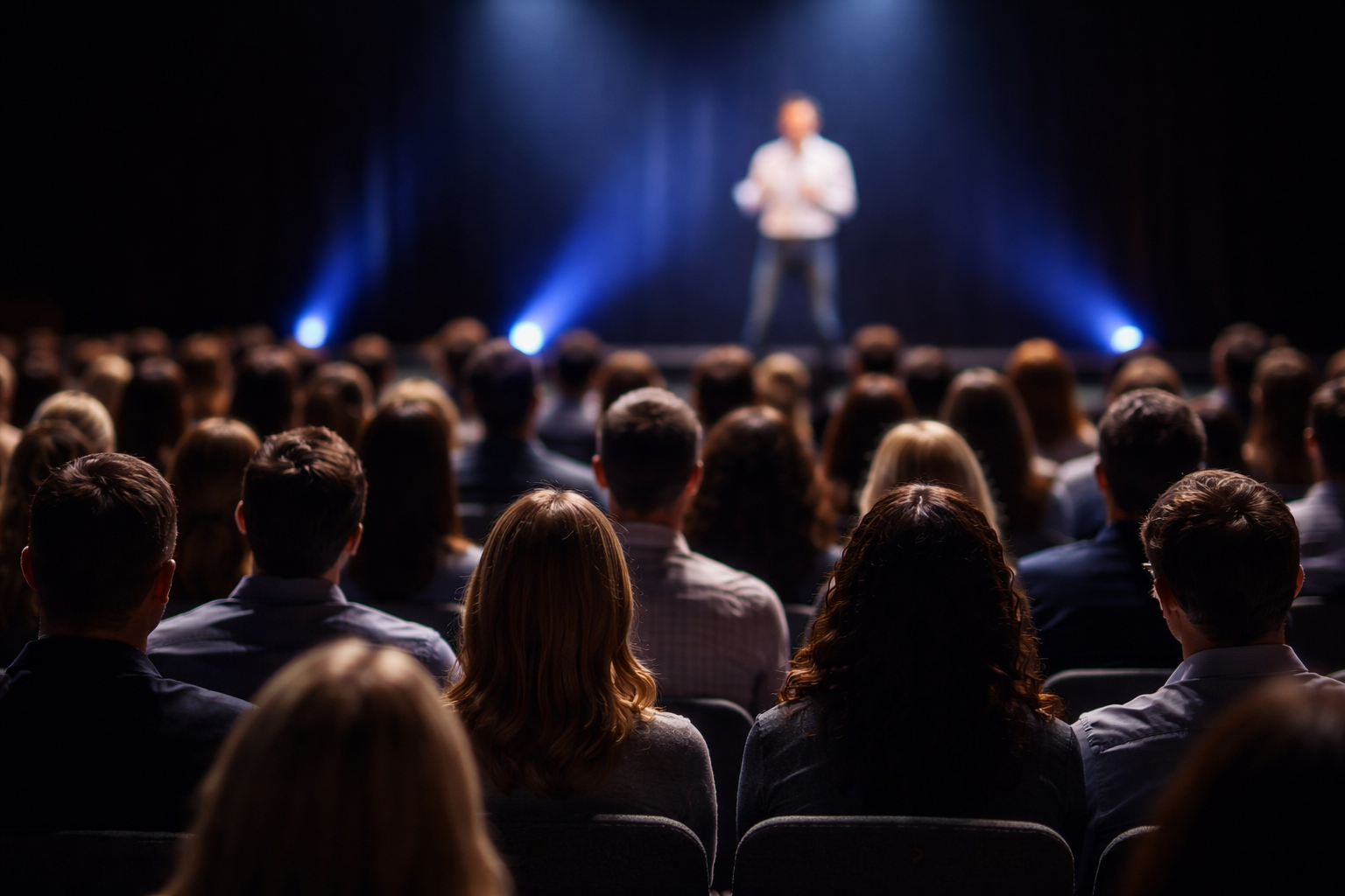 Large conference stage with multilingual captions visible to attendees.